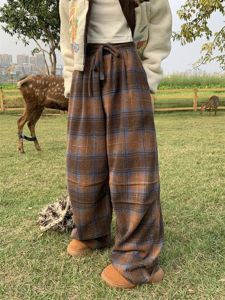 Vintage Brown Plaid Y2K Pants for a Chic Coquette Aesthetic Look