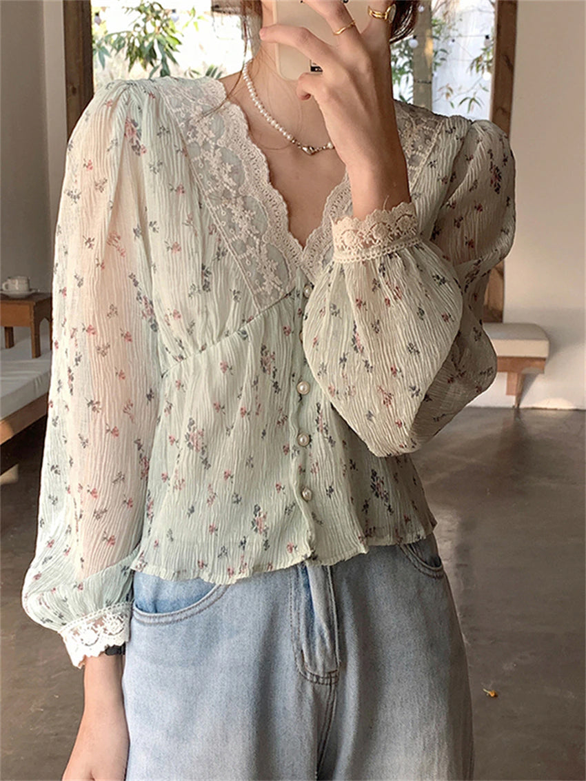 Vintage Floral Print Sheer Blouse - Y2K Aesthetic French Style Top for Effortless Chic