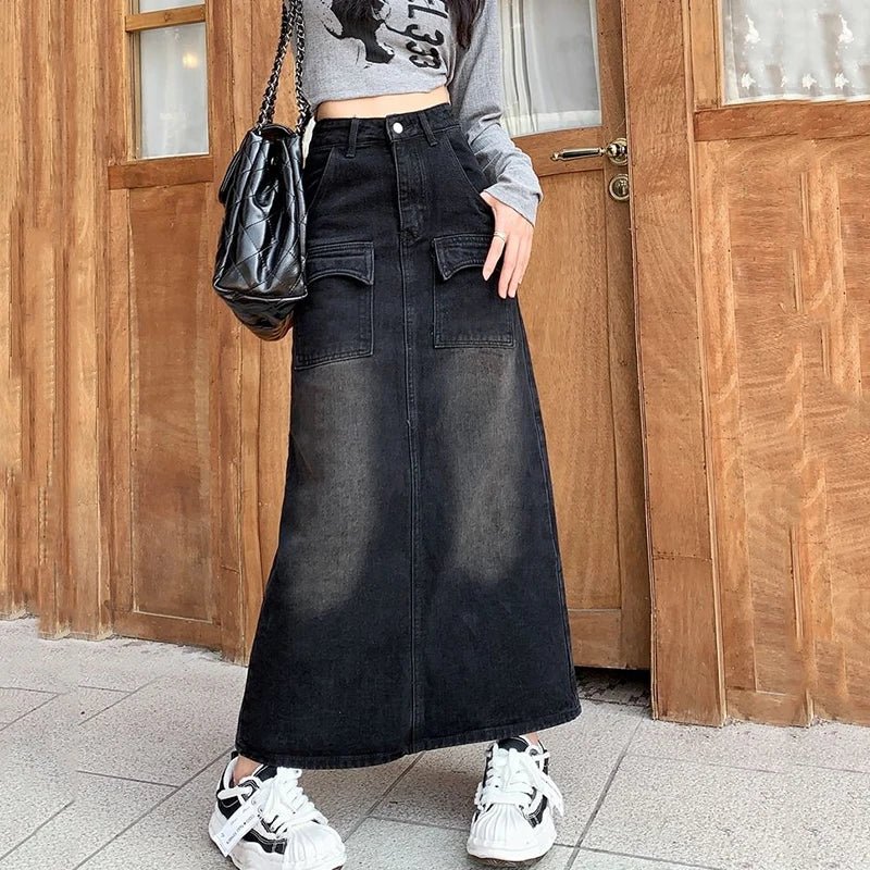 Vintage High Waist Denim Skirt - Y2K Aesthetic Cargo Skirt for Retro Fashion Lovers