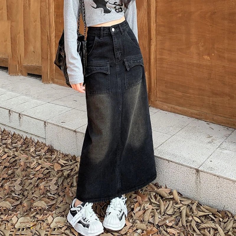 Vintage High Waist Denim Skirt - Y2K Aesthetic Cargo Skirt for Retro Fashion Lovers