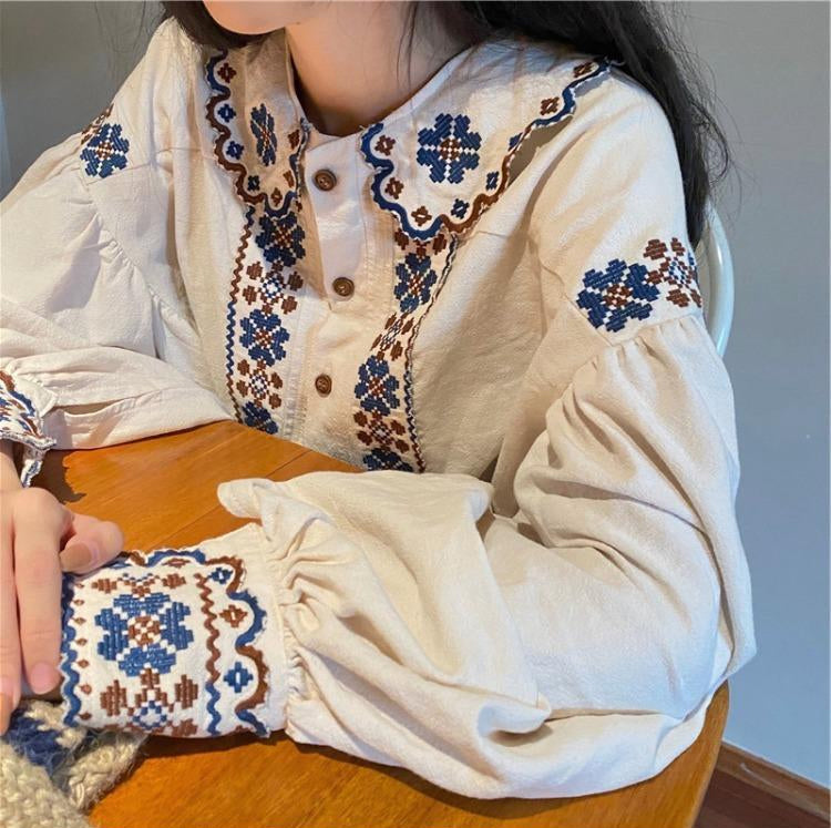 Vintage-Inspired Long Sleeve Embroidered Blouse for Y2K Fashion Lovers