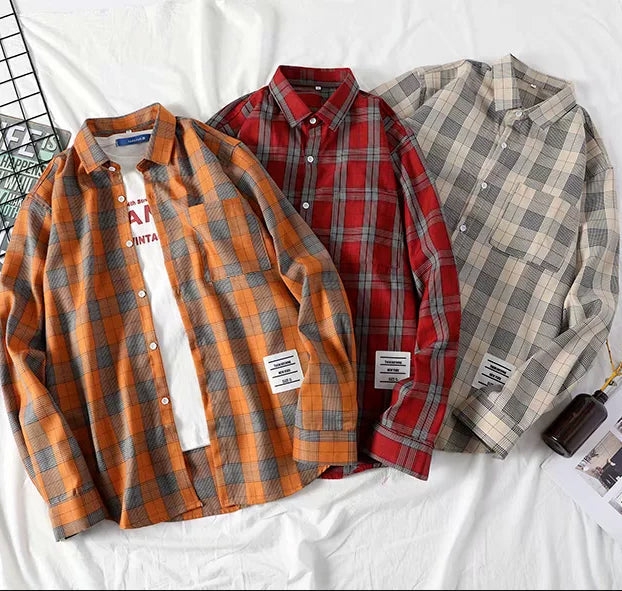 Vintage-Inspired Loose Long Sleeve Plaid Shirt for Y2K and Grunge Aesthetic Outfits