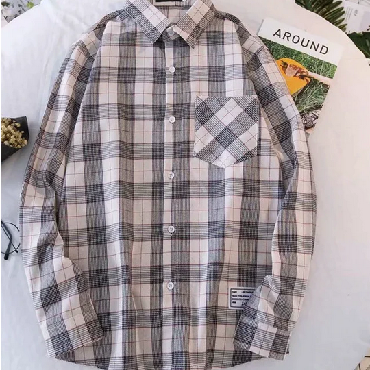 Vintage-Inspired Loose Long Sleeve Plaid Shirt for Y2K and Grunge Aesthetic Outfits