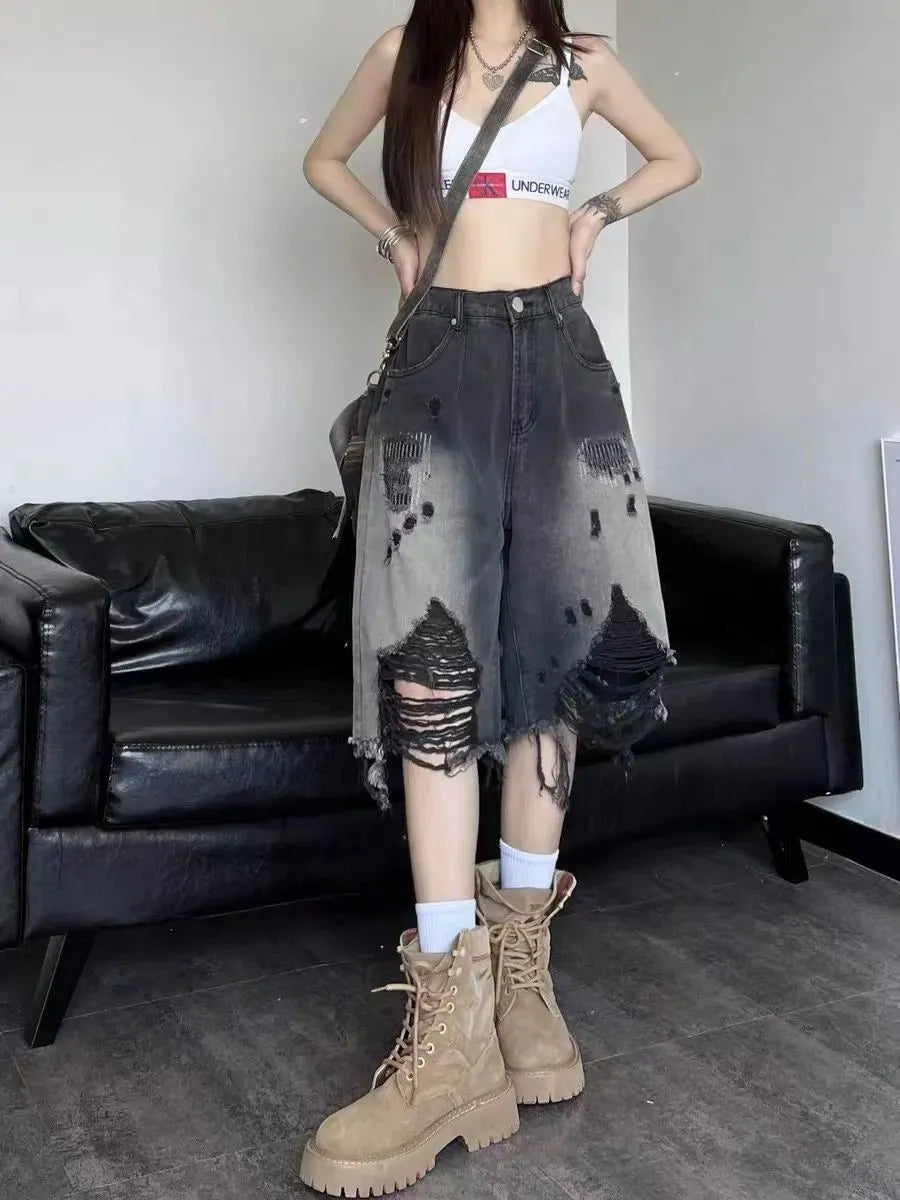 Vintage-Inspired Ripped Denim Shorts for Y2K Aesthetic and Grunge Style Outfits