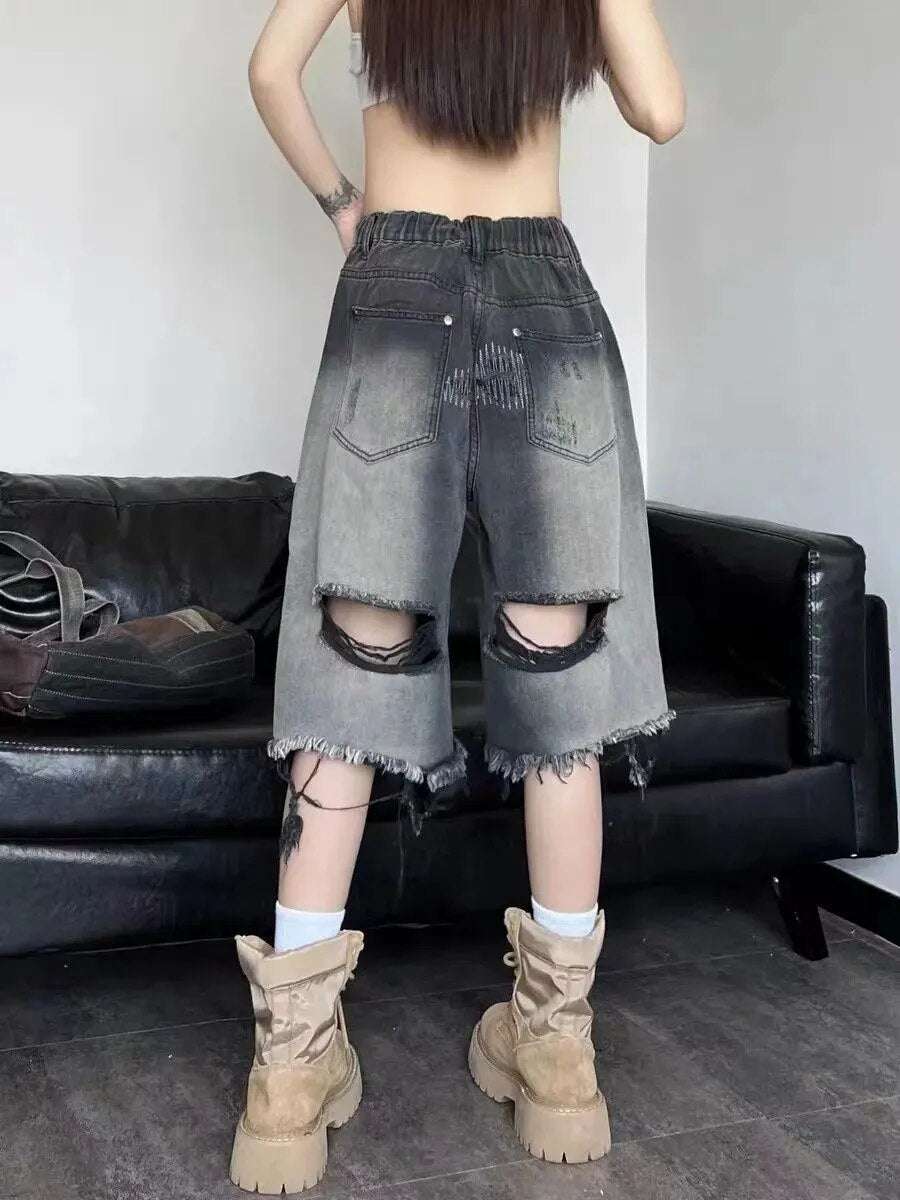 Vintage-Inspired Ripped Denim Shorts for Y2K Aesthetic and Grunge Style Outfits