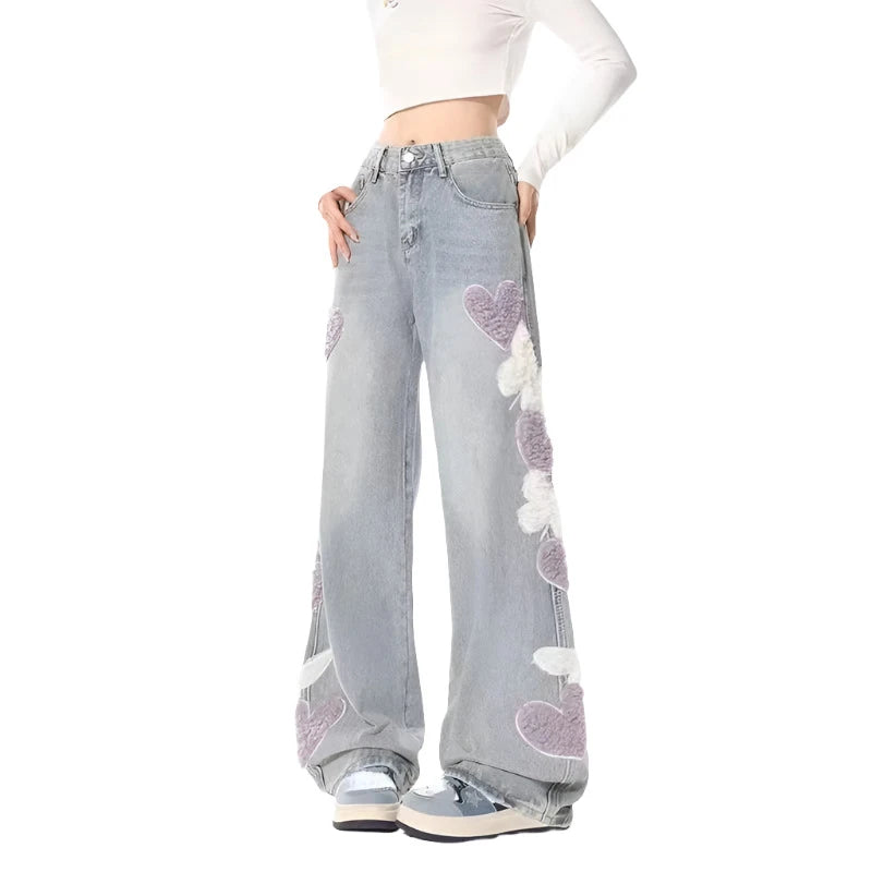 Vintage Japanese Heart Jeans - Y2K Aesthetic Denim with Cute Coquette Style Details