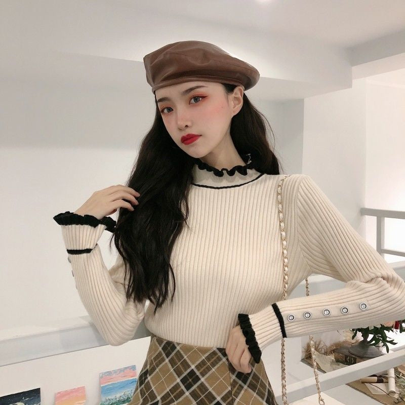 Vintage Lace Stitching Turtleneck Sweater in Y2K Aesthetic for Cozy Chic Style