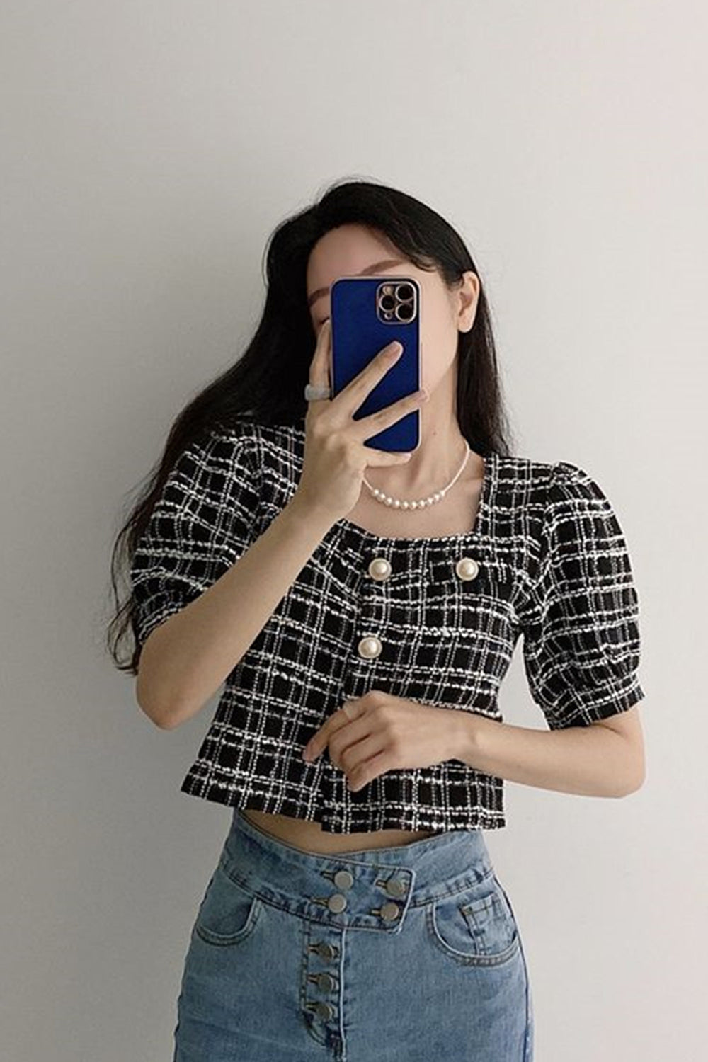 Vintage Pearl Button-Up Square Collar Plaid Top - Y2K Aesthetic Fashion Essential