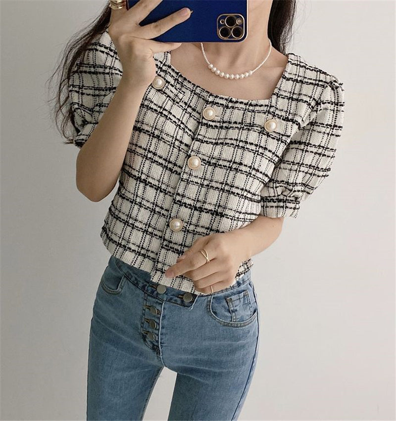 Vintage Pearl Button-Up Square Collar Plaid Top - Y2K Aesthetic Fashion Essential