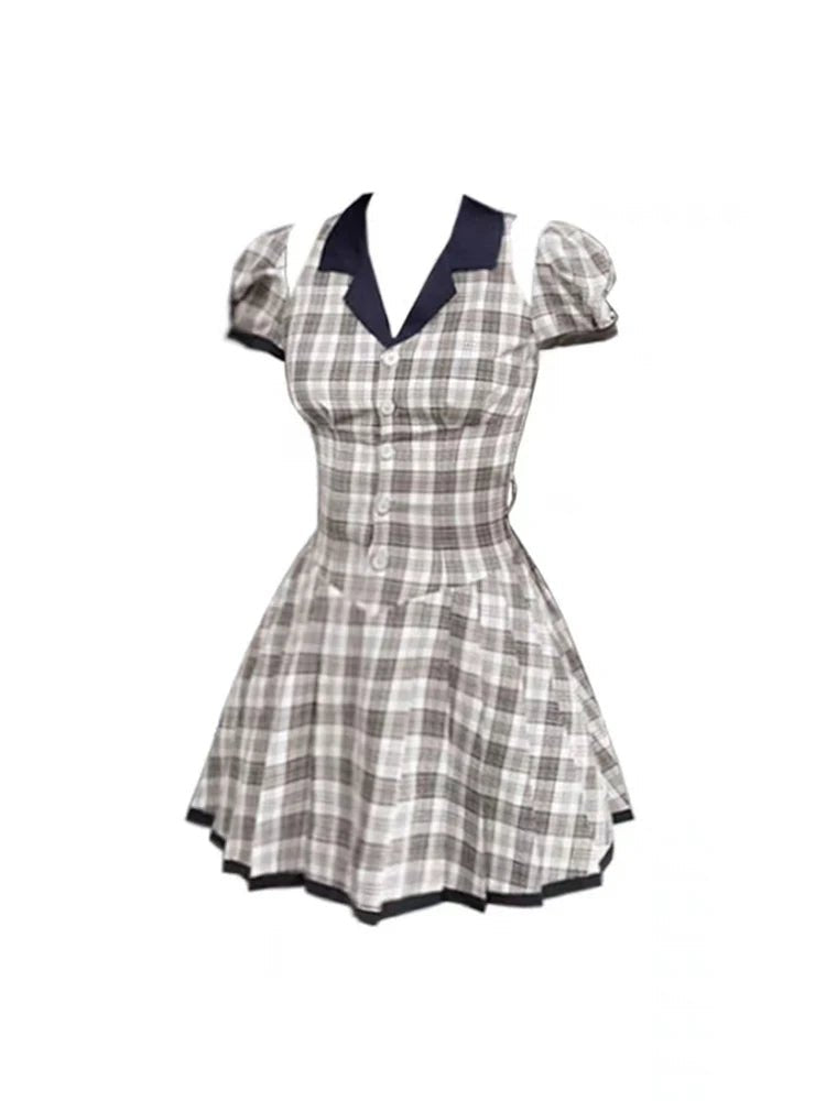 Vintage Plaid Puff Sleeve Dress - Y2K Aesthetic Cute Dress for Coquette Style Outfits