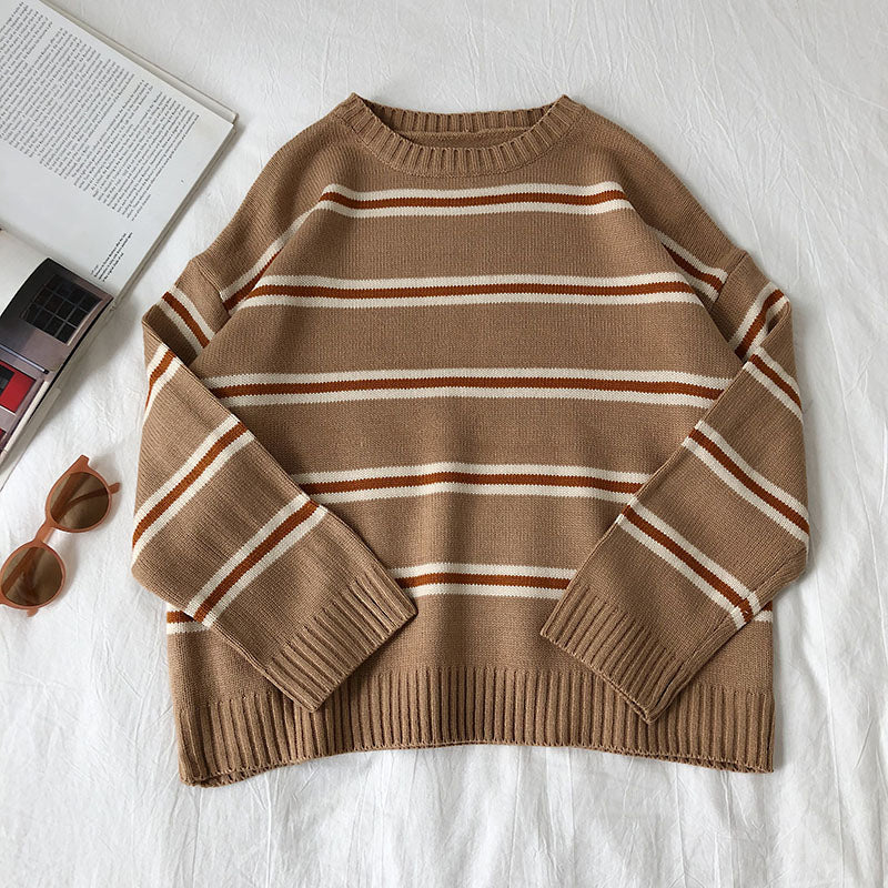 Vintage Striped Y2K Aesthetic O-Neck Sweater for Cozy and Chic Outfits