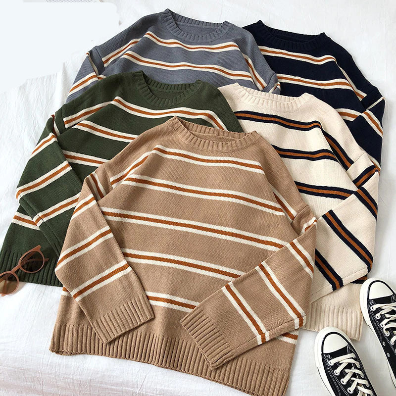 Vintage Striped Y2K Aesthetic O-Neck Sweater for Cozy and Chic Outfits