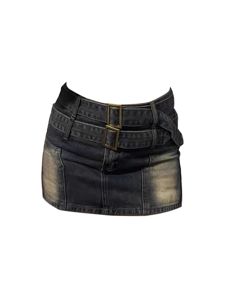 Vintage Y2K Buckle Denim Mini Skirt - Trendy Grunge Aesthetic for Stylish Outfits