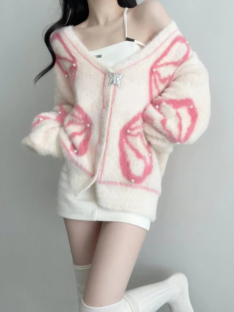 Vintage Y2K Butterfly Knitted Cardigan - Cute Aesthetic Layering for Coquette Style