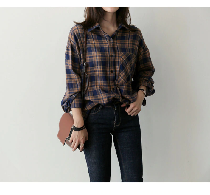 Vintage Y2K Flannel Long Sleeve Blouse - Retro Grunge Aesthetic Top for Stylish Outfits