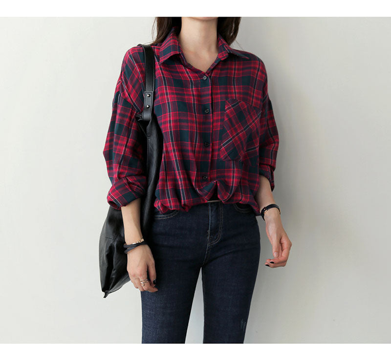 Vintage Y2K Flannel Long Sleeve Blouse - Retro Grunge Aesthetic Top for Stylish Outfits