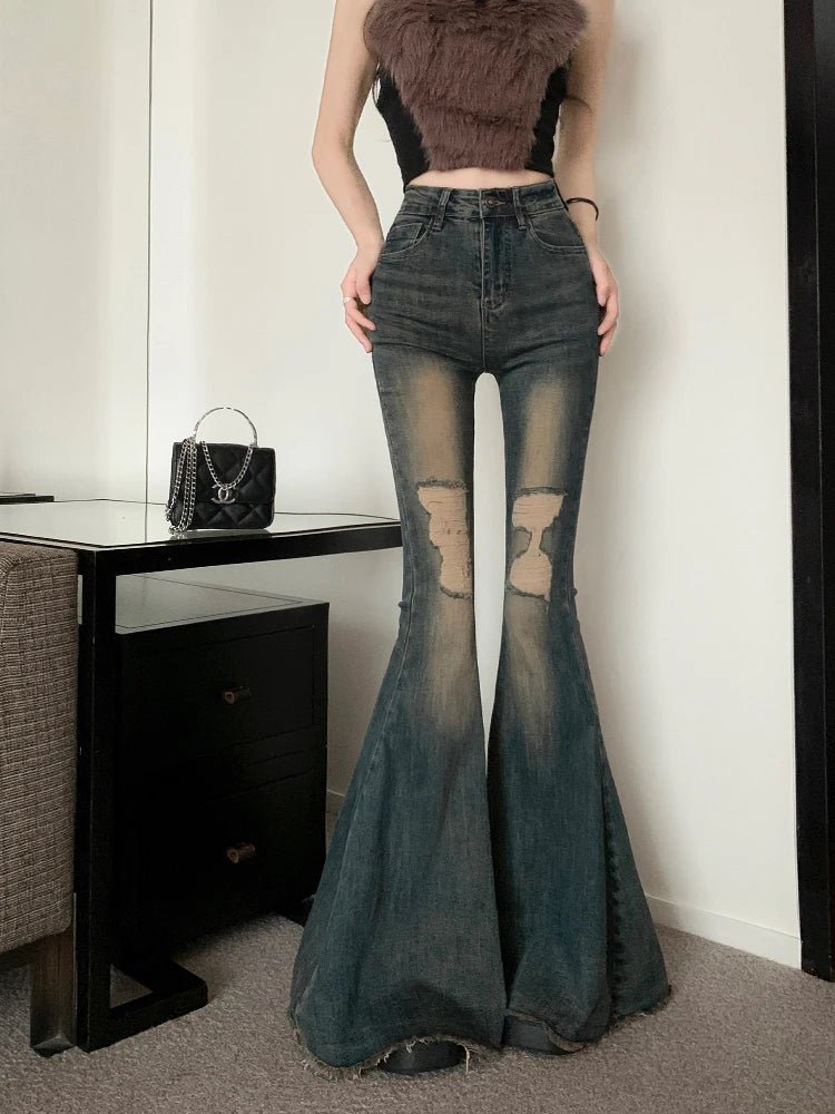 Vintage Y2K High-Waist Flare Jeans for Retro Aesthetic Outfits and Grunge Style