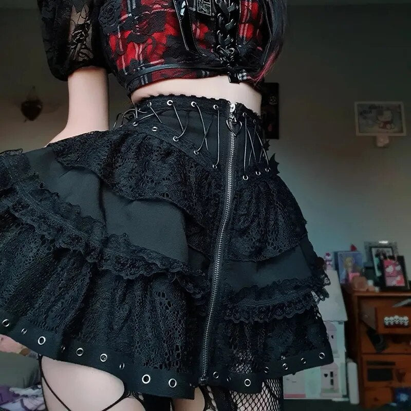 Vintage Y2K Zipper Gothic Skirt - Edgy Grunge Aesthetic for Unique Style Lovers