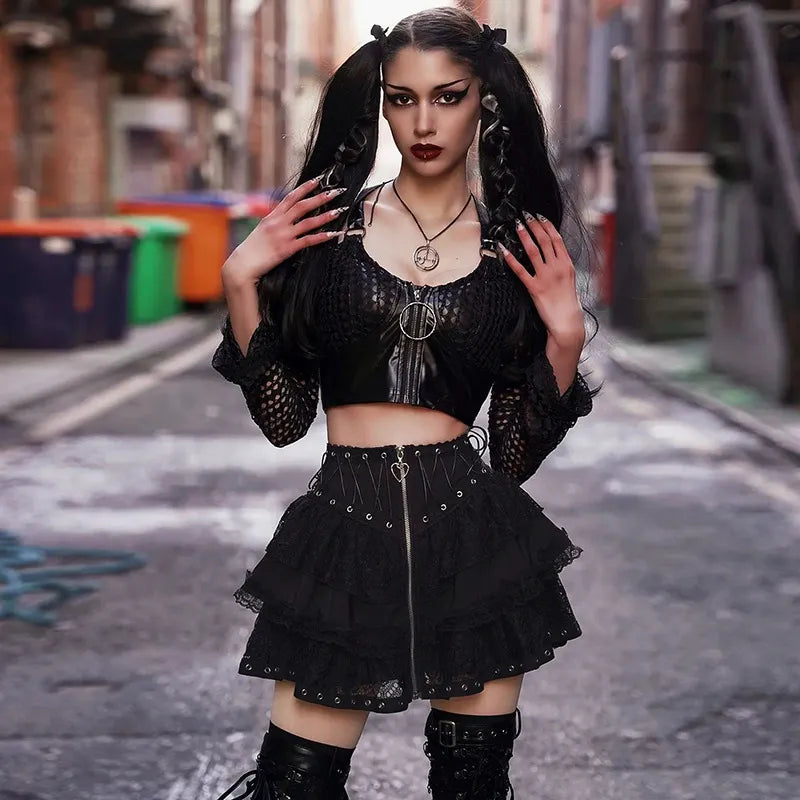 Vintage Y2K Zipper Gothic Skirt - Edgy Grunge Aesthetic for Unique Style Lovers