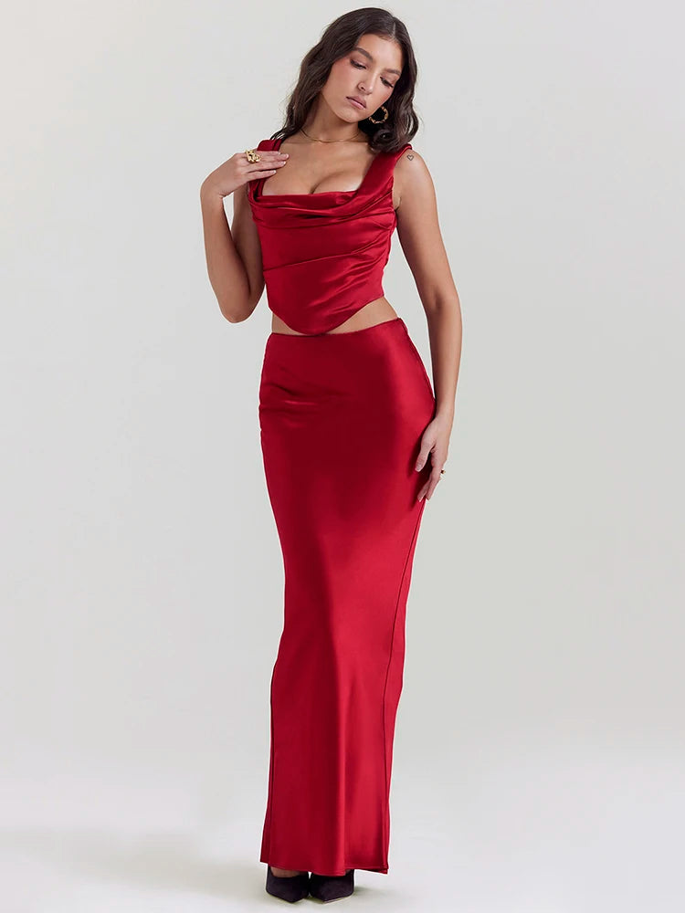 Wine Satin Corset Top & Maxi Skirt Set - Y2K Aesthetic Coquette Style Outfit