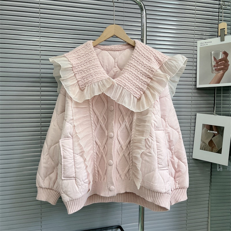 Winter Coquette Aesthetic Baby Pink Quilted Jacket with Peter Pan Collar and Knitted Patchwork