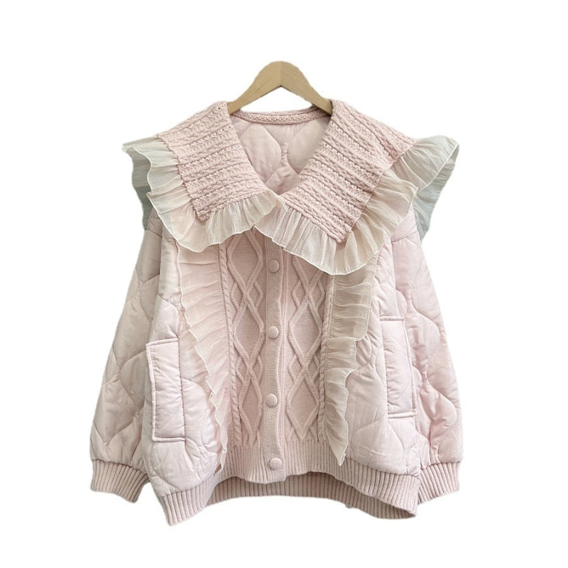 Winter Coquette Aesthetic Baby Pink Quilted Jacket with Peter Pan Collar and Knitted Patchwork