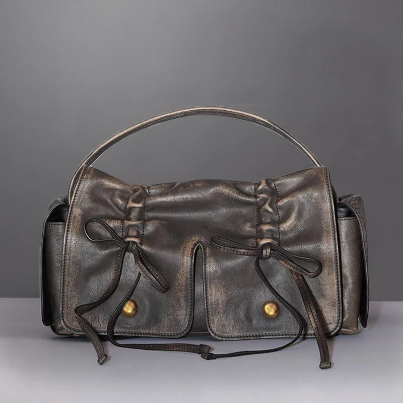 Womens Y2K Aesthetic Distressed Leather Hobo Handbag with Bow Detail