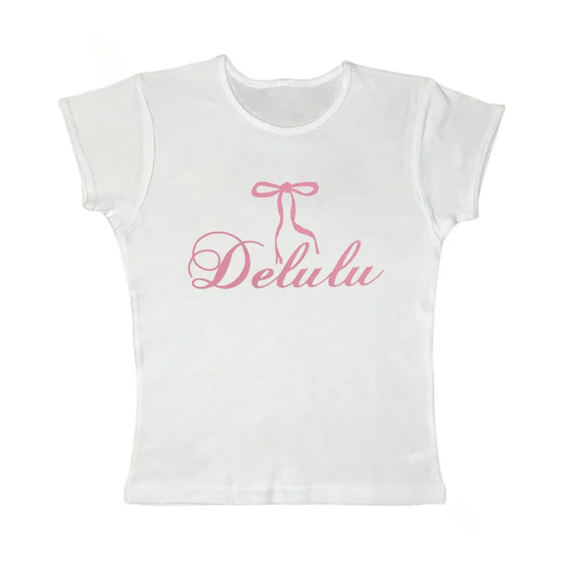 Womens Y2K Coquette Aesthetic Baby Tee - Kawaii Delulu T-Shirt for Cute Outfits