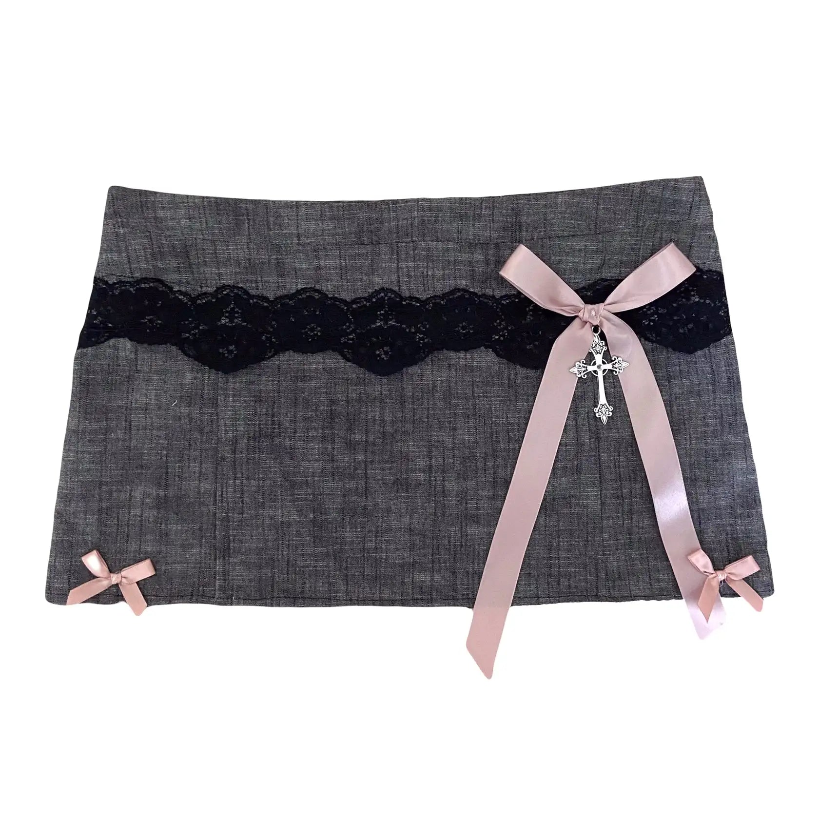 Womens Y2K Coquette Aesthetic Gray Mini Skirt with Adorable Pink Bow Detail