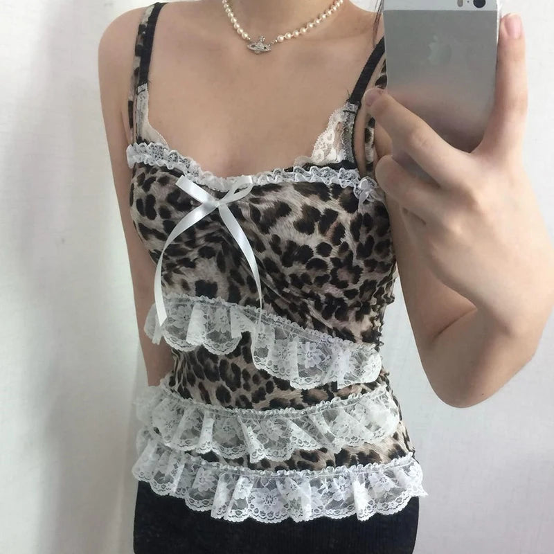 Womens Y2K Coquette Aesthetic Leopard Print Lace Crop Top for Cute Outfits