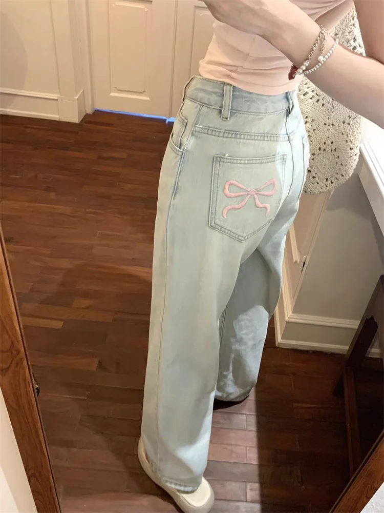 Womens Y2K Coquette Aesthetic Light Blue Wide Leg Jeans with Pink Bow Embroidery