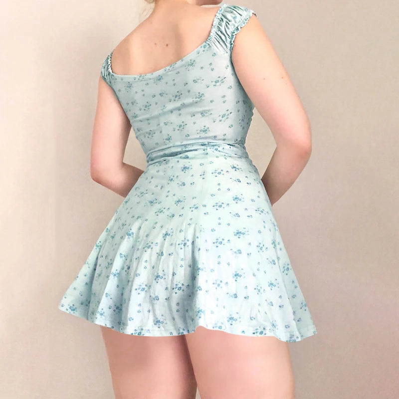 Womens Y2K Coquette Aesthetic Sky Blue Floral Milkmaid Dress for Cute Outfits