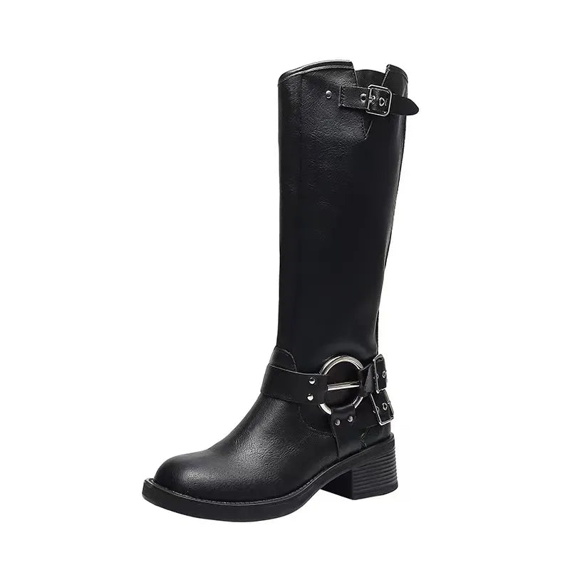 Womens Y2K Style Knee High Black Biker Boots for Grunge Aesthetic Outfits