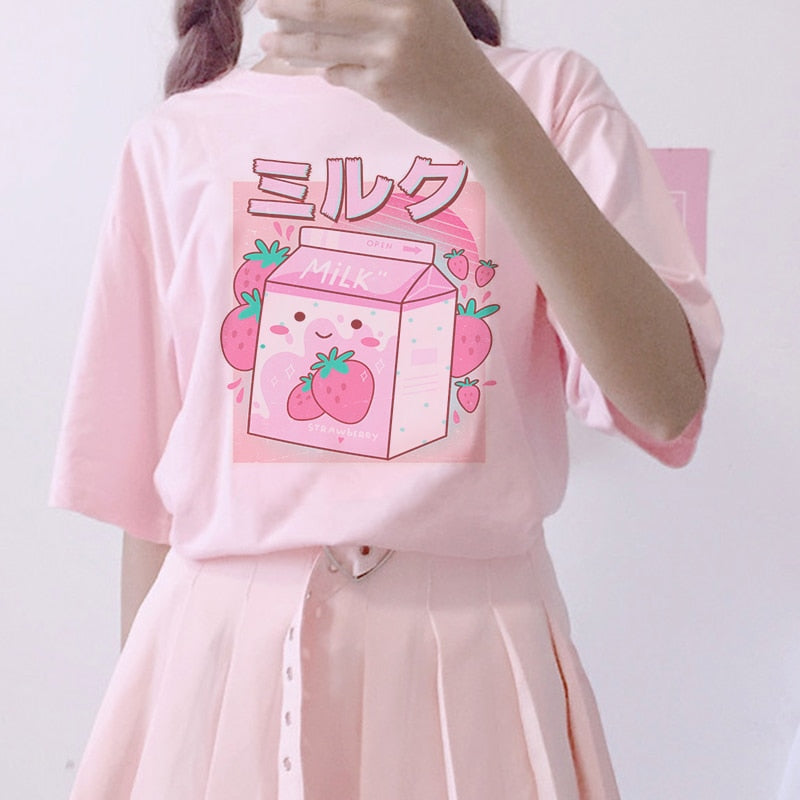 Y2K Aesthetic 90s Japanese Strawberry Milk Graphic Tee for Cute Retro Outfits