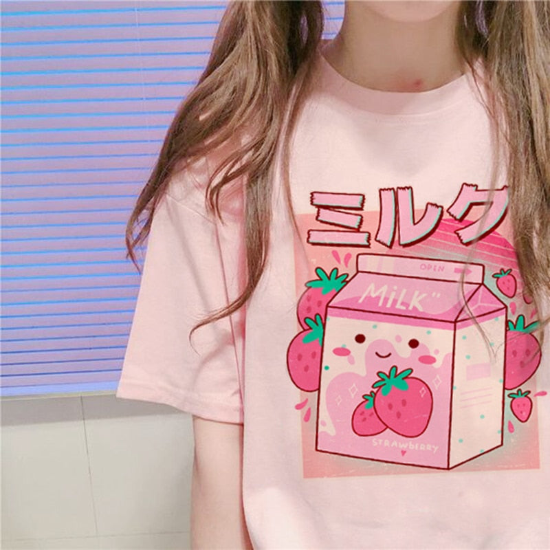 Y2K Aesthetic 90s Japanese Strawberry Milk Graphic Tee for Cute Retro Outfits