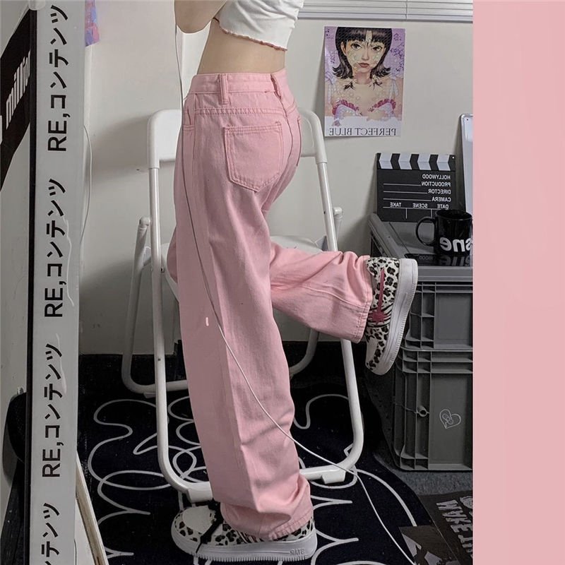 Y2K Aesthetic Baggy Pink Denim Pants for Trendy Grunge and Coquette Outfits