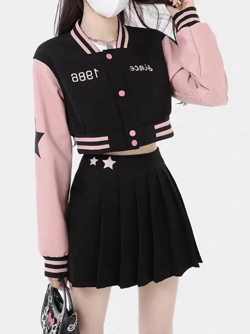 Y2K Aesthetic Baseball Bomber Jacket and Cargo Skirt Set for Trendy Outfits