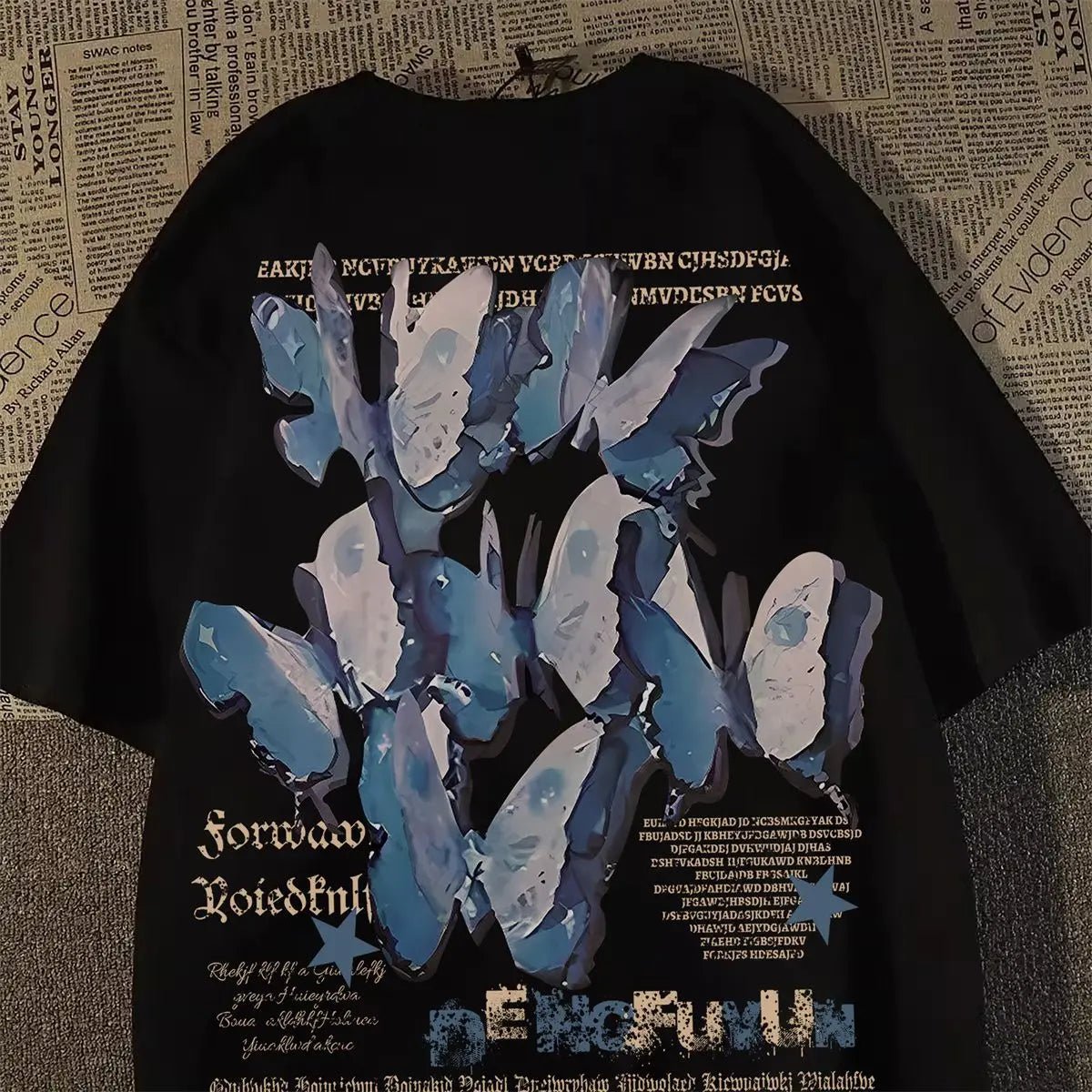 Y2K Aesthetic Blue Butterfly Graphic T-Shirt for Trendy Coquette and Grunge Styles