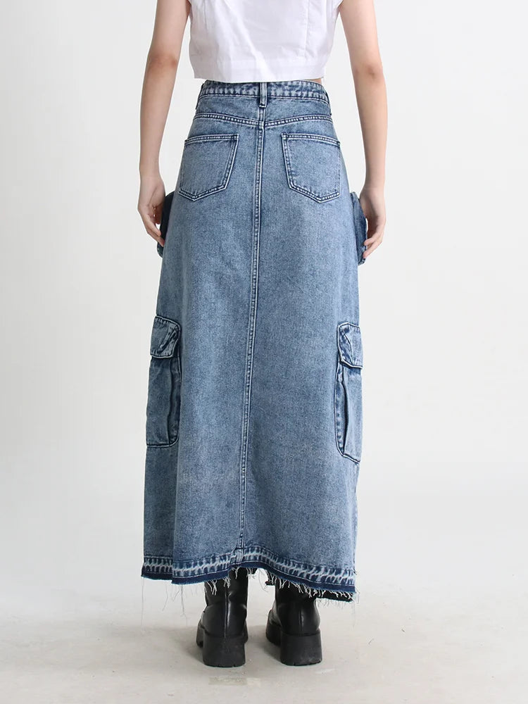 Y2K Aesthetic Cargo Split Denim Midi Skirt for Trendy Grunge and Coquette Outfits