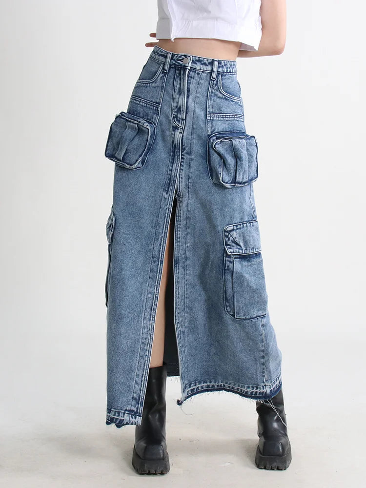 Y2K Aesthetic Cargo Split Denim Midi Skirt for Trendy Grunge and Coquette Outfits