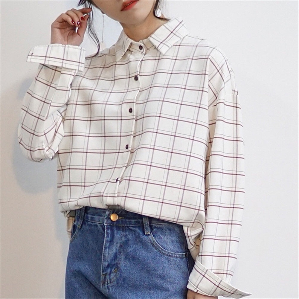 Y2K Aesthetic Checkered Plaid Long Sleeve Blouse for Trendy Coquette Style