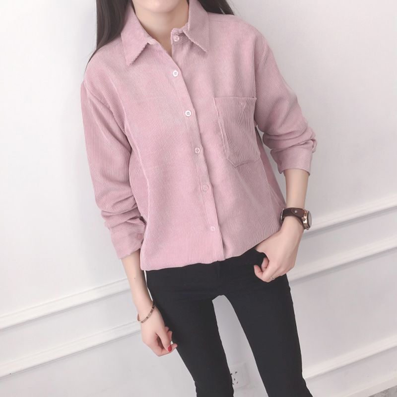 Y2K Aesthetic Corduroy Long Sleeve Casual Blouse for Trendy Coquette Style Outfits