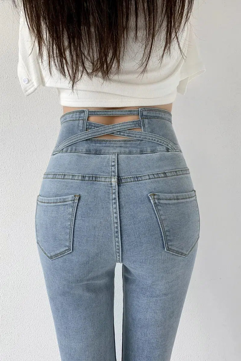 Y2K Aesthetic Cut Out Cross Waistband Skinny Jeans for Trendy Grunge Style