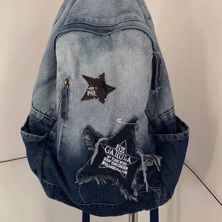 Y2K Aesthetic Denim School Bag - Trendy Backpack for Coquette and Grunge Styles