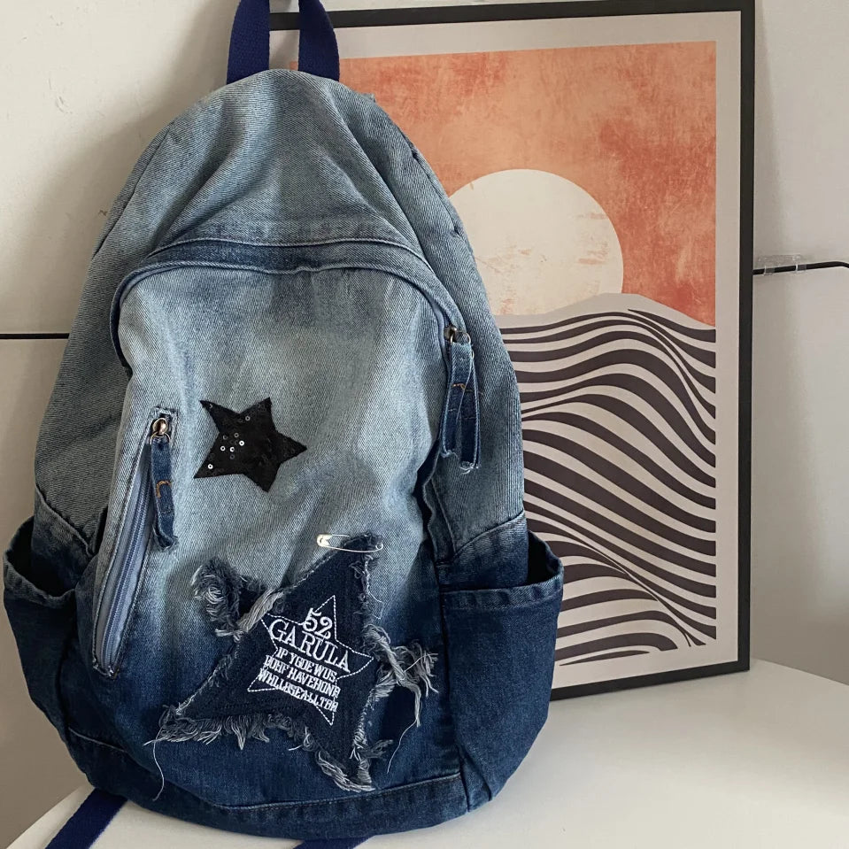 Y2K Aesthetic Denim School Bag - Trendy Backpack for Coquette and Grunge Styles