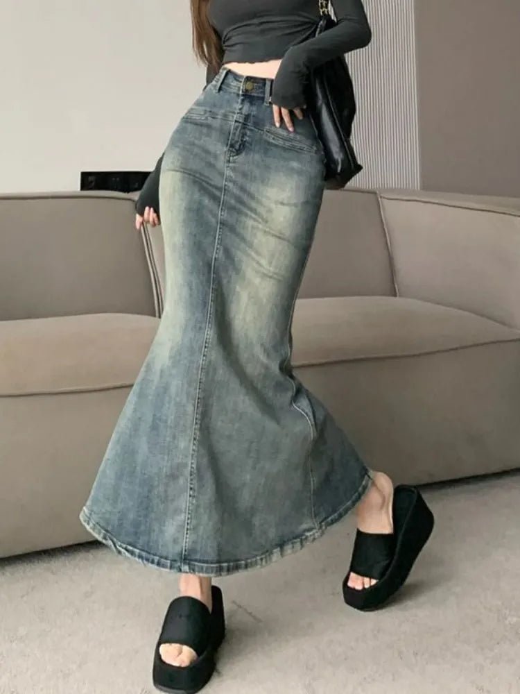 Y2K Aesthetic Denim Trumpet Skirt for Trendy Coquette and Grunge Outfits