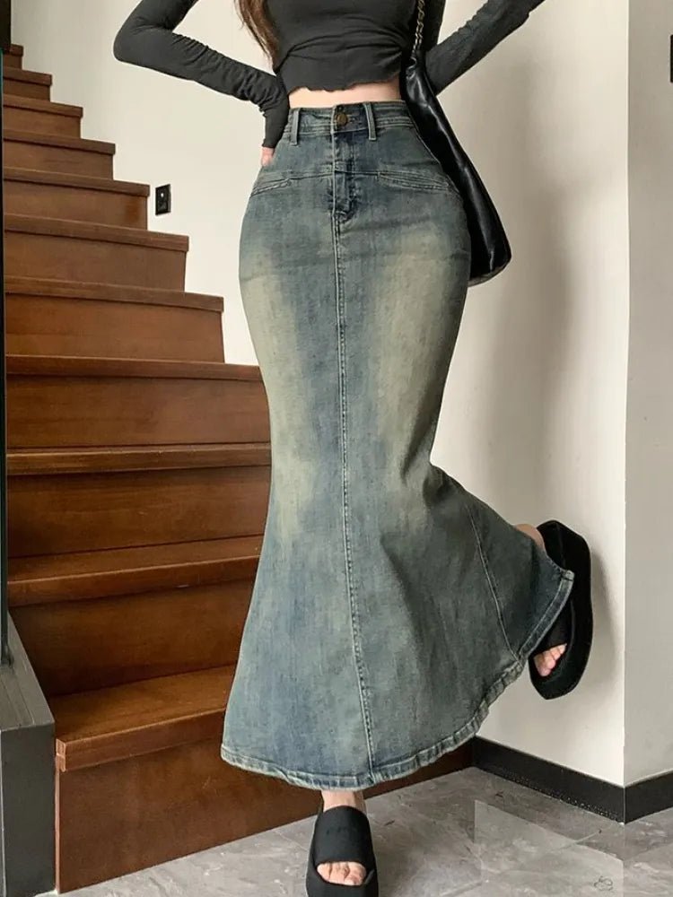 Y2K Aesthetic Denim Trumpet Skirt for Trendy Coquette and Grunge Outfits