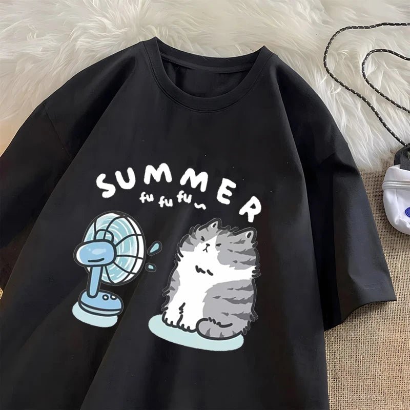 Y2K Aesthetic Fan Cat Graphic T-Shirt - Cute and Comfy Vintage-Inspired Top