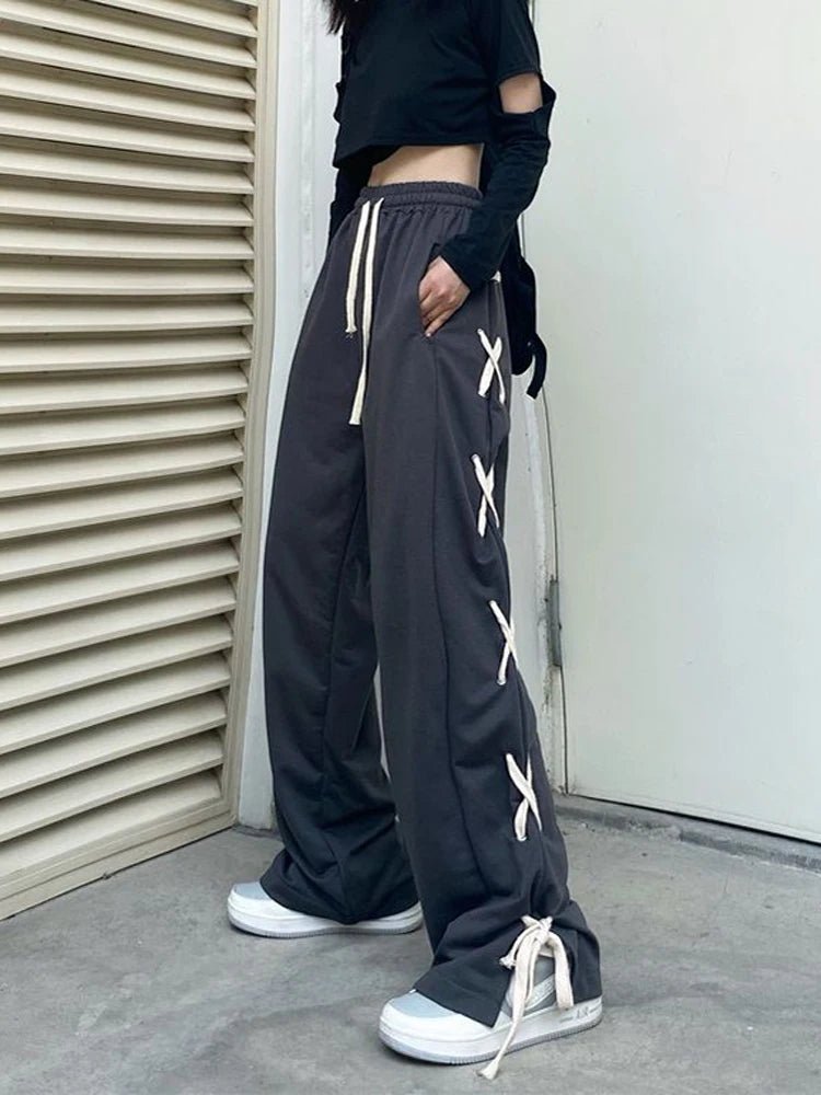 Y2K Aesthetic Harajuku Bandage Wide Pants for Trendy Grunge and Coquette Outfits