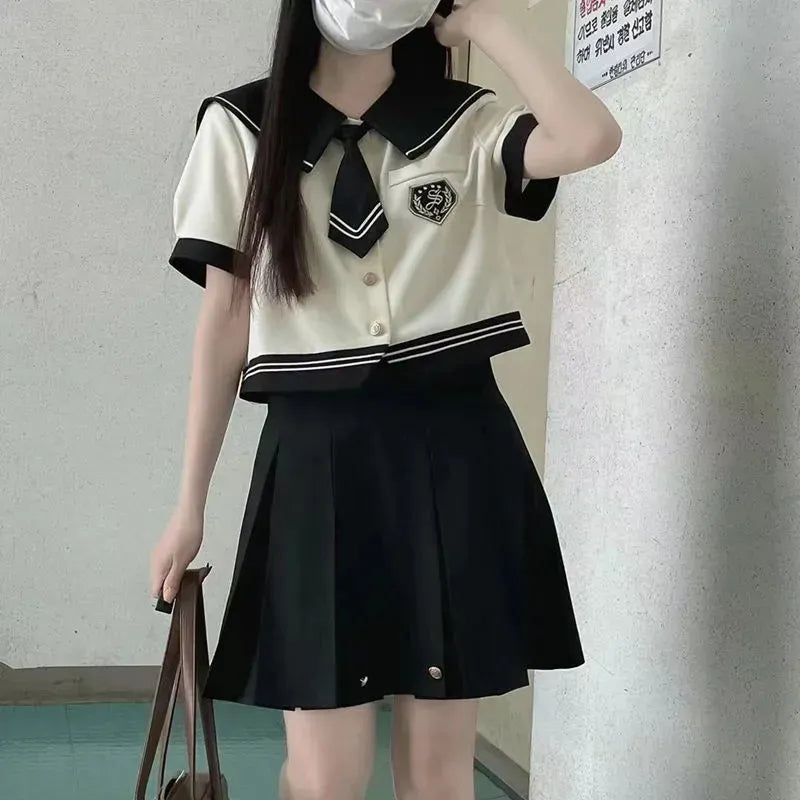 Y2K Aesthetic Japanese School Girl Uniform Set - Cute Top & Pleated Skirt